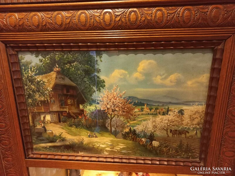 Beautiful antique mirror, decorated with a picture of a village scene, 109x62.5 cm