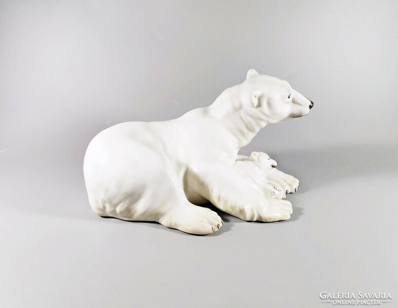 Herend, polar bear mother and cub, hand-painted porcelain figure mcd ! 21.0 Cm. Flawless! (J048)