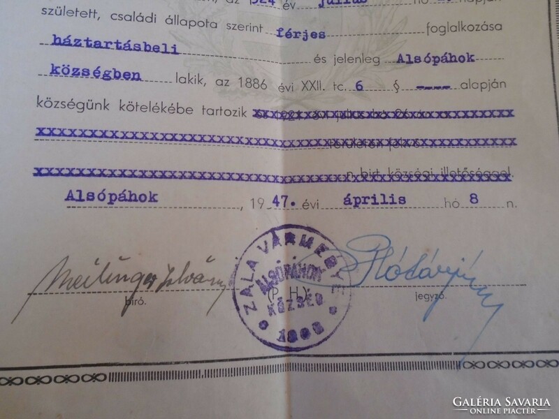 D198323     Régi irat  - ALSÓPÁHOK   (Keszthely)  Meilinger István bíró aláírása  1947