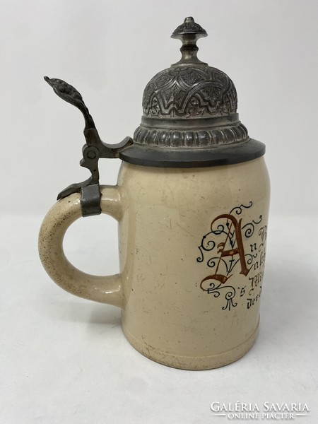 Old antique marked Reinhold Merkelbach German beer mug with tin lid, bier stein- stone mug