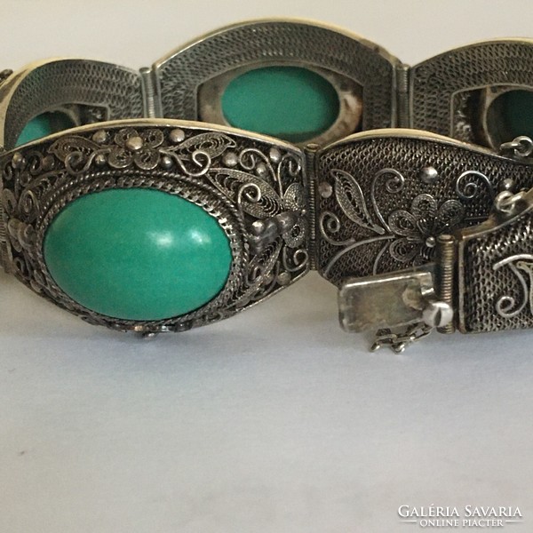 Old large silver bracelet turquoise butterfly Far East 17.5 cm
