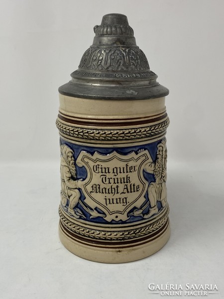 Régi antik német ónfedeles söröskorsó, Bier Stein- Kő korsó