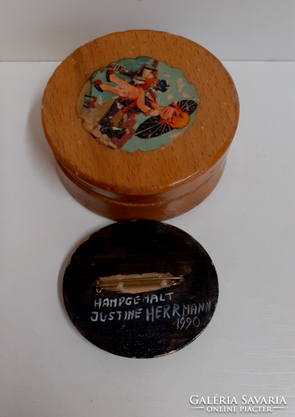 Small wooden box with an old hand-painted top, marked inside with a hand-painted signed wooden brooch pin