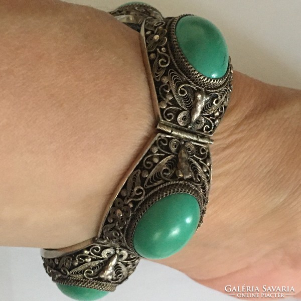 Old large silver bracelet turquoise butterfly Far East 17.5 cm