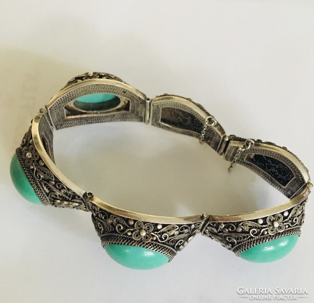 Old large silver bracelet turquoise butterfly Far East 17.5 cm