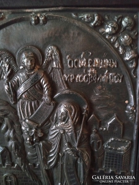 Görög ortodox ezüstözött ikon, pecséttel,