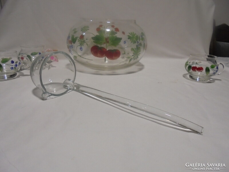 An old, hand-painted, fruit-patterned bowl set