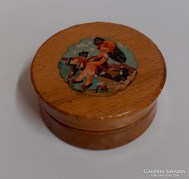 Small wooden box with an old hand-painted top, marked inside with a hand-painted signed wooden brooch pin