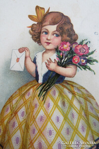 Antik litho/litográfiás képeslap, gyerek / kislány virággal 1928