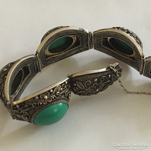 Old large silver bracelet turquoise butterfly Far East 17.5 cm