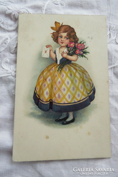 Antik litho/litográfiás képeslap, gyerek / kislány virággal 1928