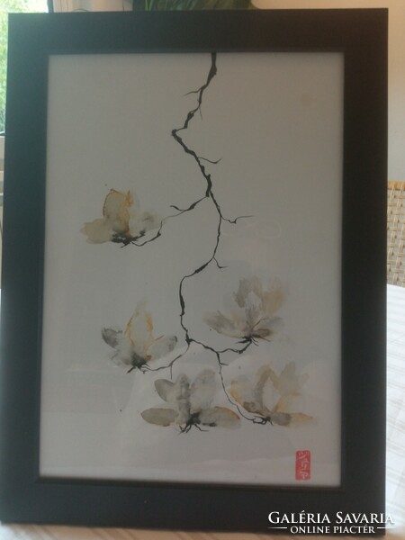 A beautiful Japanese-style ink-watercolor picture in a frame