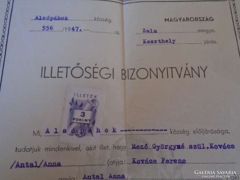 D198323 old document - Alsópáhok (Keszthely) signature of judge István Meilinger 1947