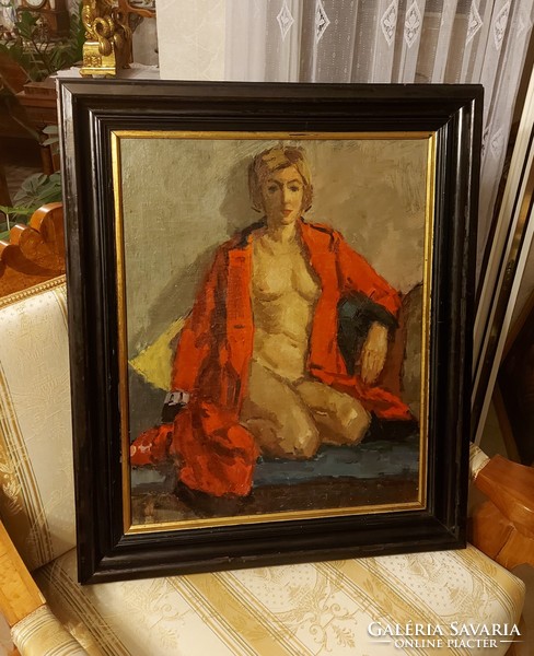 Antique sumptuous painting! Female nude in a red shroud!