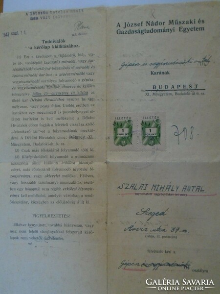 D198332 kiskundorozsma ssalai mihály antal - Szeged 1947 admission application University of Szeged