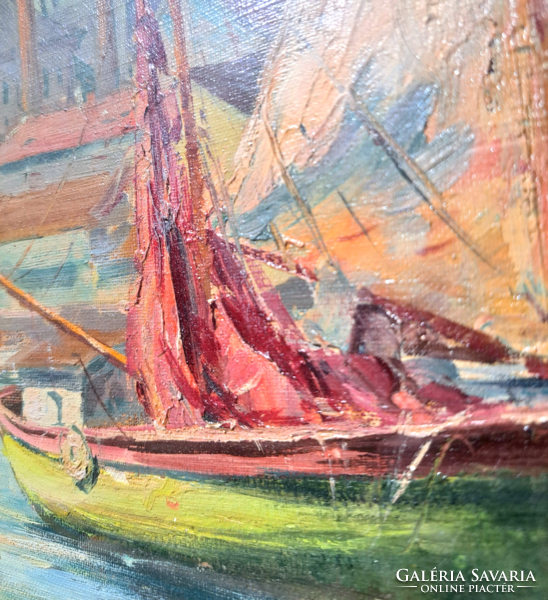 Harbor - signed oil painting