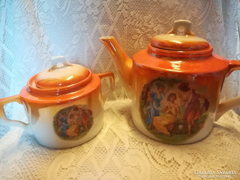 Zsolnay porcelain orange luster coffee pot + sugar bowl