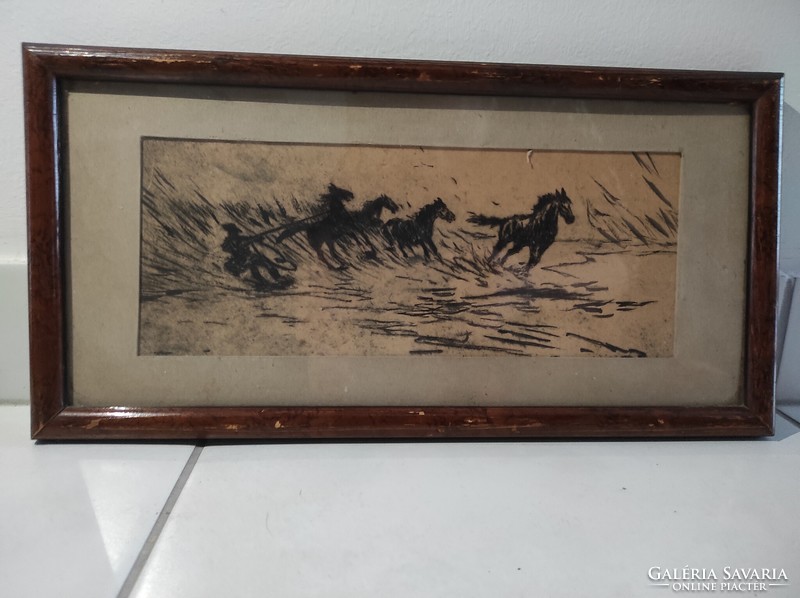 Horse ink drawing in glazed wooden frame