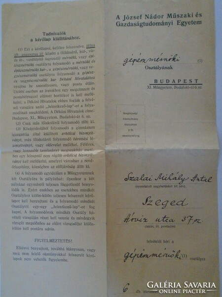 D198332 kiskundorozsma ssalai mihály antal - Szeged 1948 admission application University of Szeged