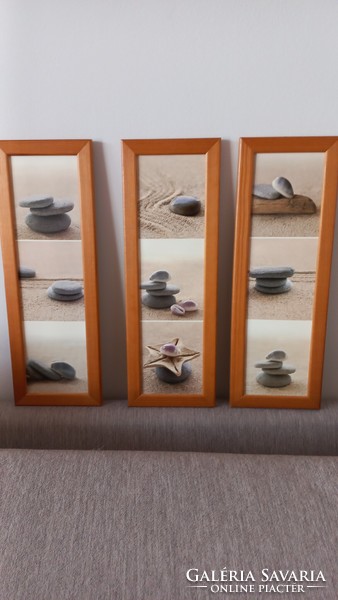 Reprodukciós faliképek (3 db) nyomatok fa kerettel, Zen kövek, kagylók, 38 X 13 cm