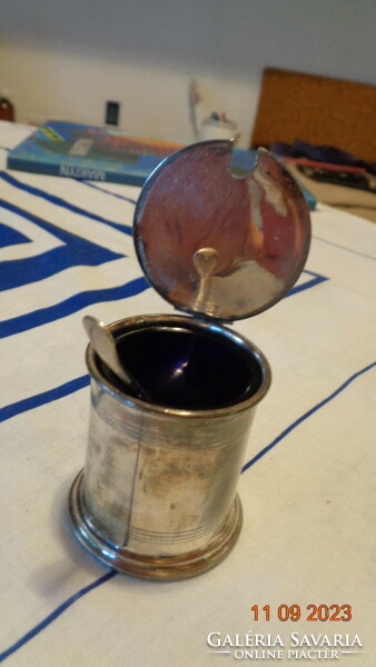English spice dispenser, with blue glass insert and small spoon, marked