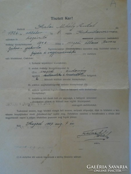 D198332 kiskundorozsma ssalai mihály antal - Szeged 1947 admission application University of Szeged