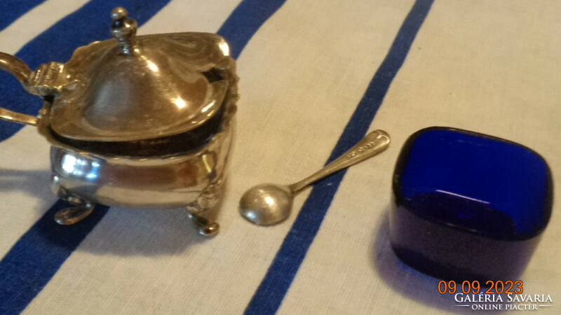 English spice dispenser, with blue glass insert and small spoon, marked