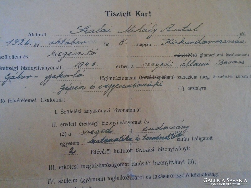 D198332 kiskundorozsma ssalai mihály antal - Szeged 1947 admission application University of Szeged