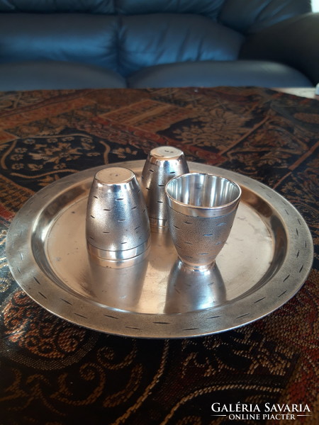 Silver-plated, hallmarked, master-marked, engraved tray with three half cups