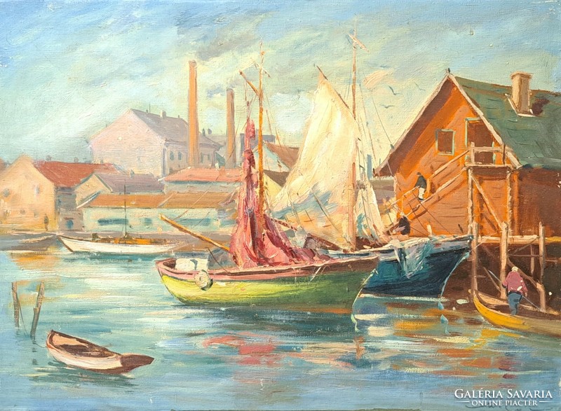 Harbor - signed oil painting