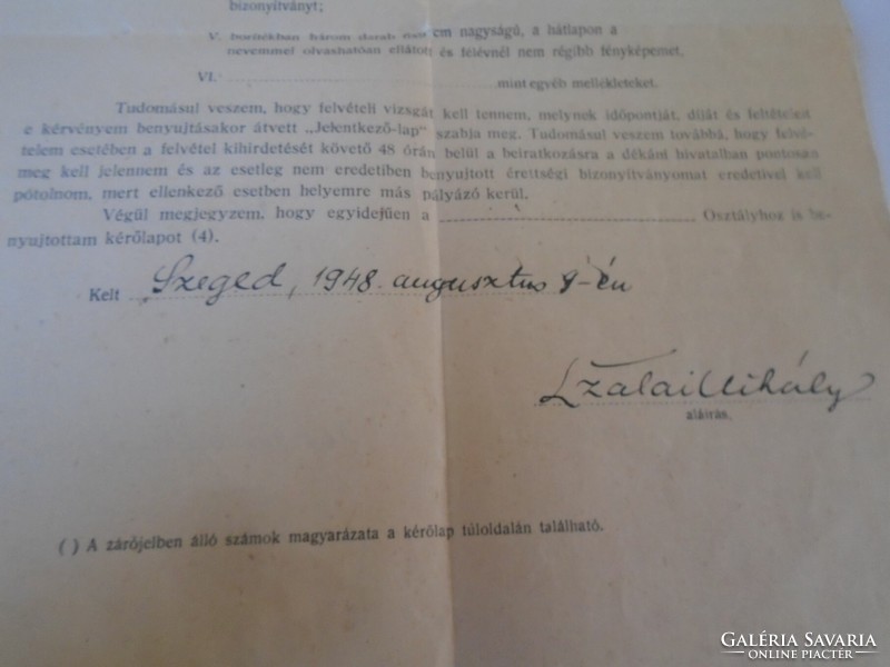 D198332  Kiskundorozsma Szalai Mihály Antal -Szeged 1948 Felvételi kérelem  Szededi Tudományegyetem