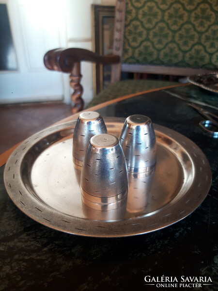 Silver-plated, hallmarked, master-marked, engraved tray with three half cups