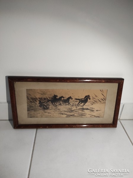 Horse ink drawing in glazed wooden frame