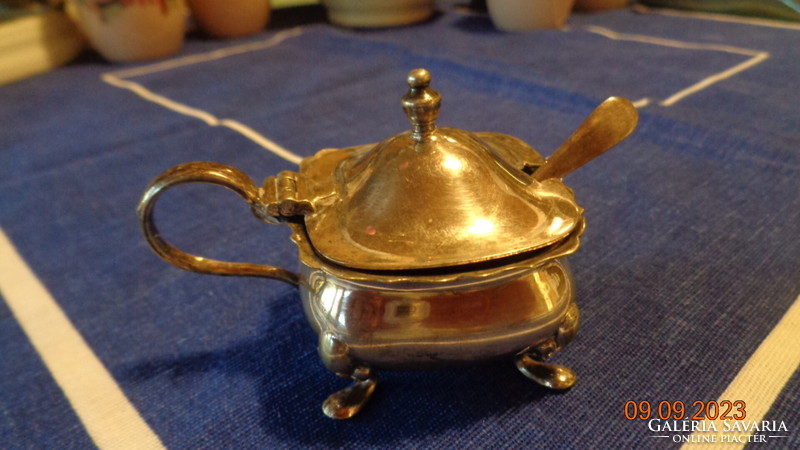 English spice dispenser, with blue glass insert and small spoon, marked