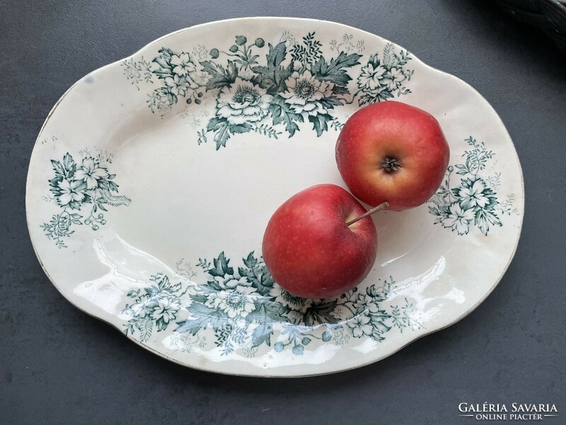 Wonderful, antique Valkyrie England semi porcelain serving bowl with wavy edges and green flowers