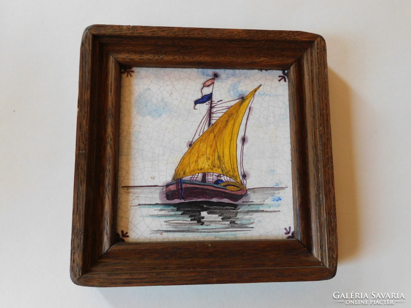 Tichelaar Makkum antik, kézzel festett, keretezett hajós csempekép
