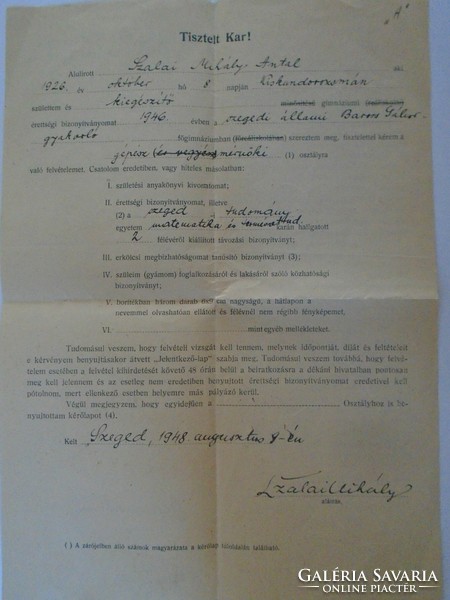 D198332  Kiskundorozsma Szalai Mihály Antal -Szeged 1948 Felvételi kérelem  Szededi Tudományegyetem