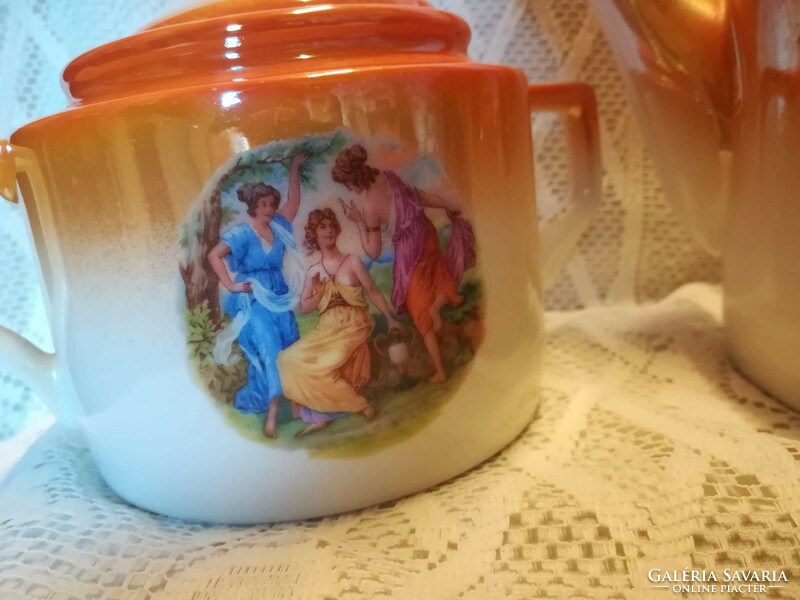 Zsolnay porcelain orange luster coffee pot + sugar bowl