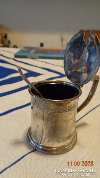 English spice dispenser, with blue glass insert and small spoon, marked