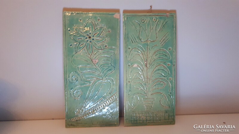 Régi jelzett zöld Zsolnay kerámia csempe pár 30.5 x 14 cm