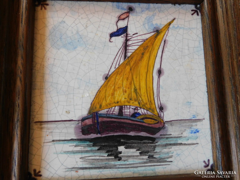 Tichelaar Makkum antik, kézzel festett, keretezett hajós csempekép