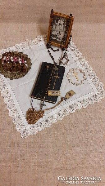 Old German priest's bequest gold-edged prayer book from 1985 with the objects shown in the picture