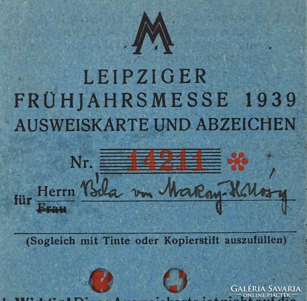 1O278 old Leipzig spring fair entry card 1939 leipziger frühjahrsmesse 1939