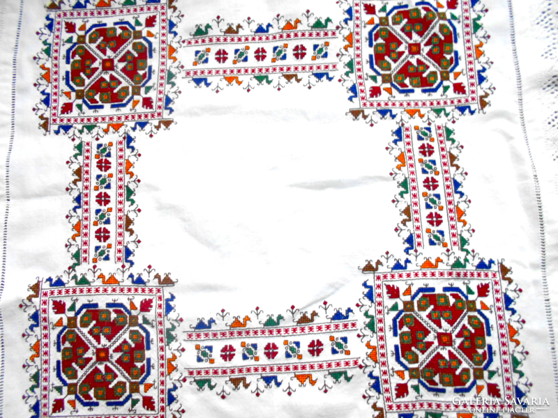 Tablecloth-macramé border richly embroidered with cross-stitch small-dense stitches 60 cm x 60 cm