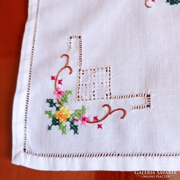 Antique, hand-embroidered cotton tablecloth, runner, 86 x 37 cm