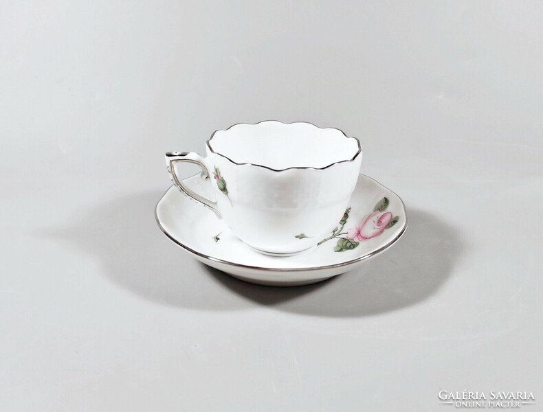Herend, Viennese rose patterned platinum coffee cup and saucer, hand-painted porcelain! (K008)