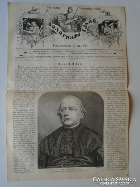 S0570 HORVÁTH MIHÁLY  csanádi püspök és kultuszminiszter - fametszet és cikk -1867-es újság címlapja