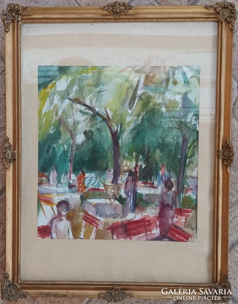 In the park - marked watercolor painting in blonde frame