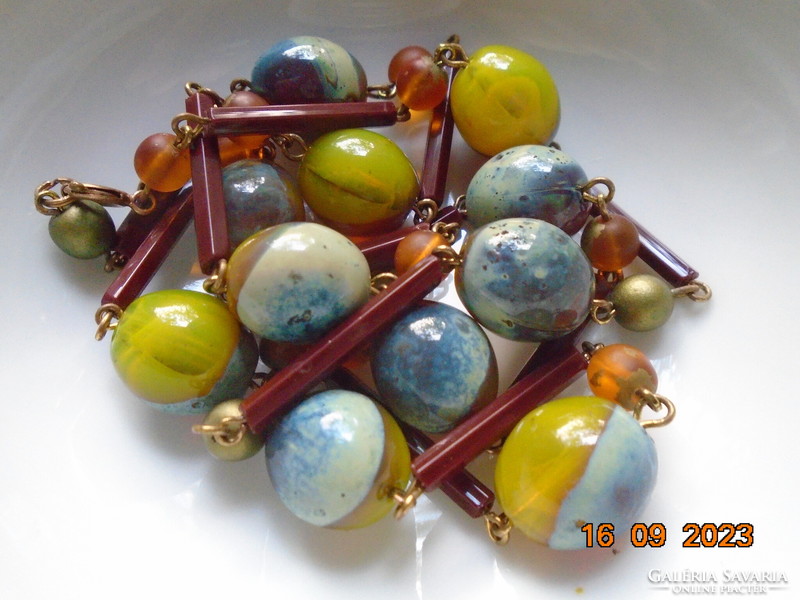 Handmade from Murano colorful individual pearls and 6 square tube pearls, neck blue