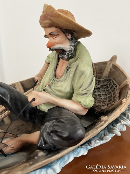 Nagyméretű Emil Cretu biszkvit porcelán halász figurális szobor
